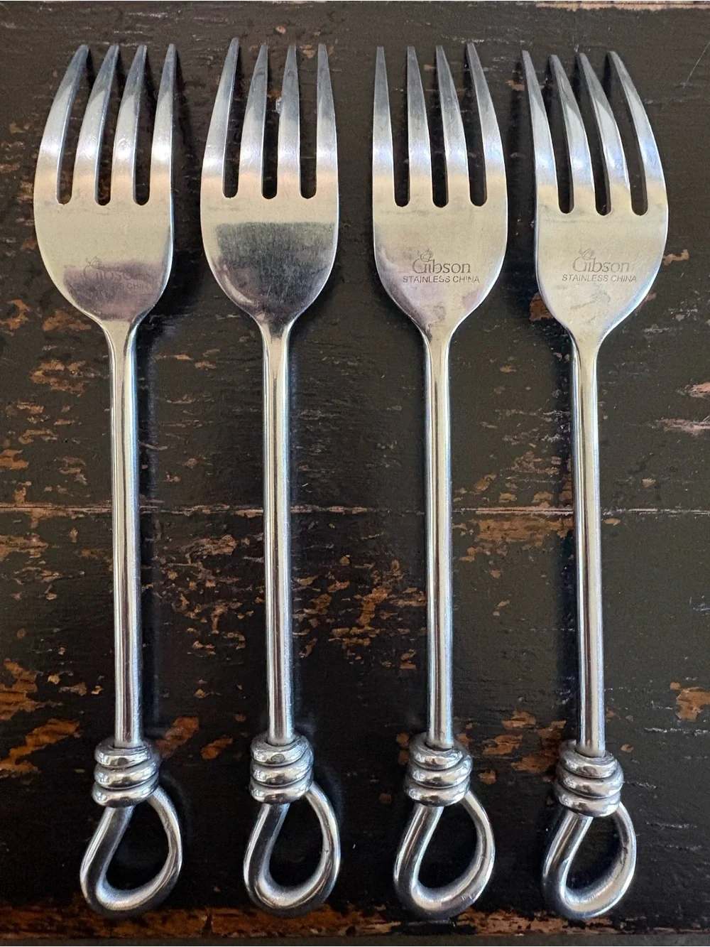 Gibson CUOMO Stainless SALAD FORKS Open Ring Tip 18/8 Glossy Flatware Set of 4
